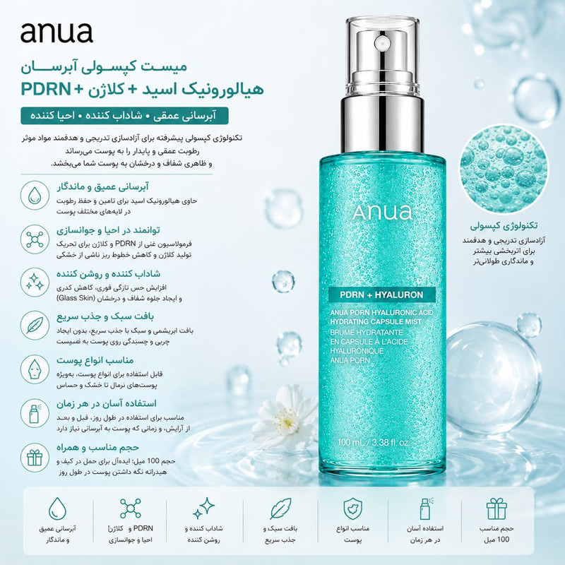 میست آبرسان کپسولی آنوا Dewy Glow PDRN حاوی هیالورونیک اسید 100 میلی لیتر